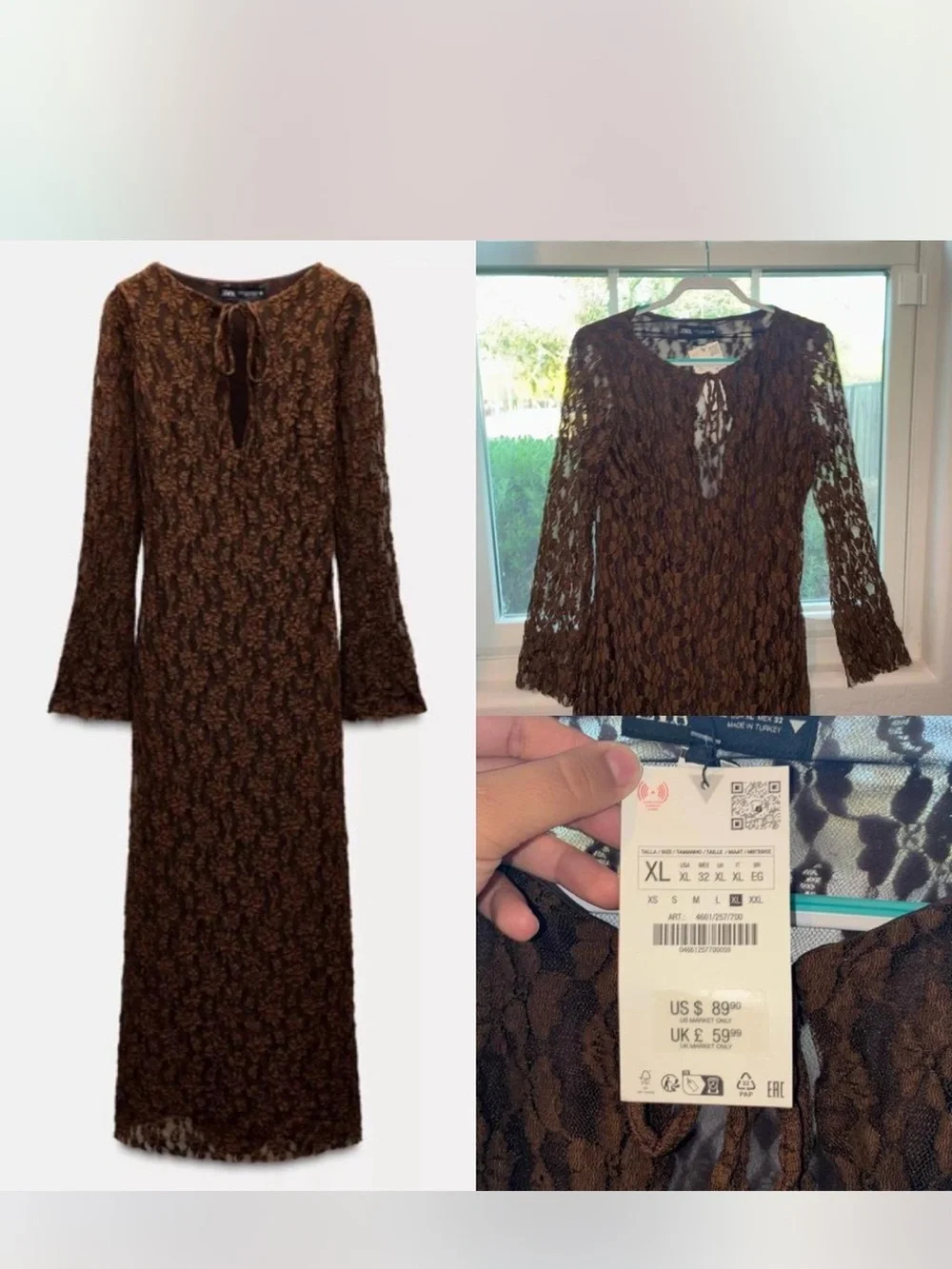 zara brown lace dress ZARA NEW WOMAN STRAPPY ZW COLL. ASYMMETRIC LACE DRESS BROWN XS-XL 5919/200/700